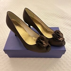 Stuart Weitzman Brown Peep-Toe Heels with Floral Accent